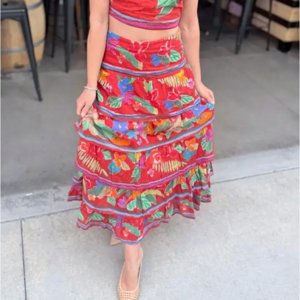 Marie Oliver Red Floral Tiered Ruffle Maxi Skirt SIZE 2 Boho Vacation Full $425 - Picture 9 of 13